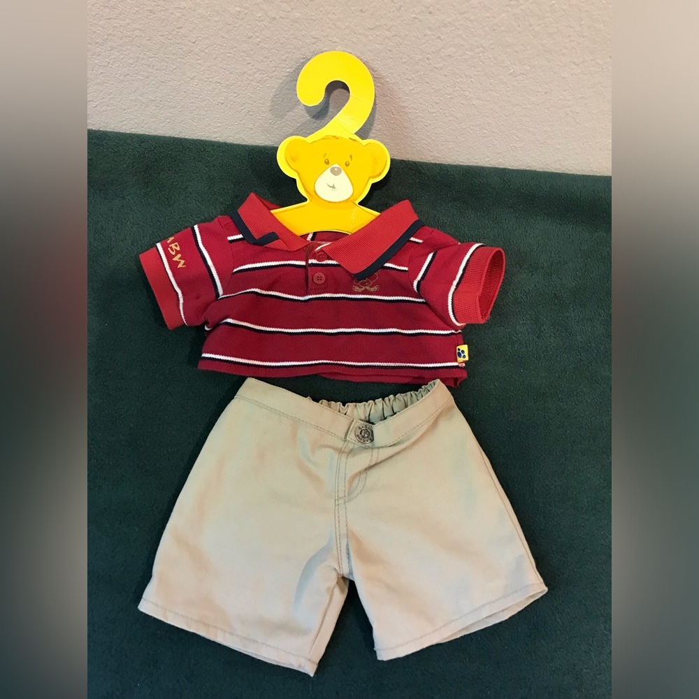 Build -A-Bear Red Striped Polo and Tan Shorts Set